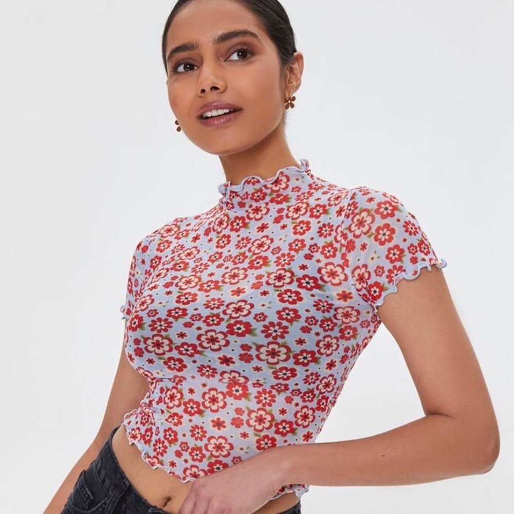 Forever 21 Floral Mesh Crop Top S - Picture 2 of 7